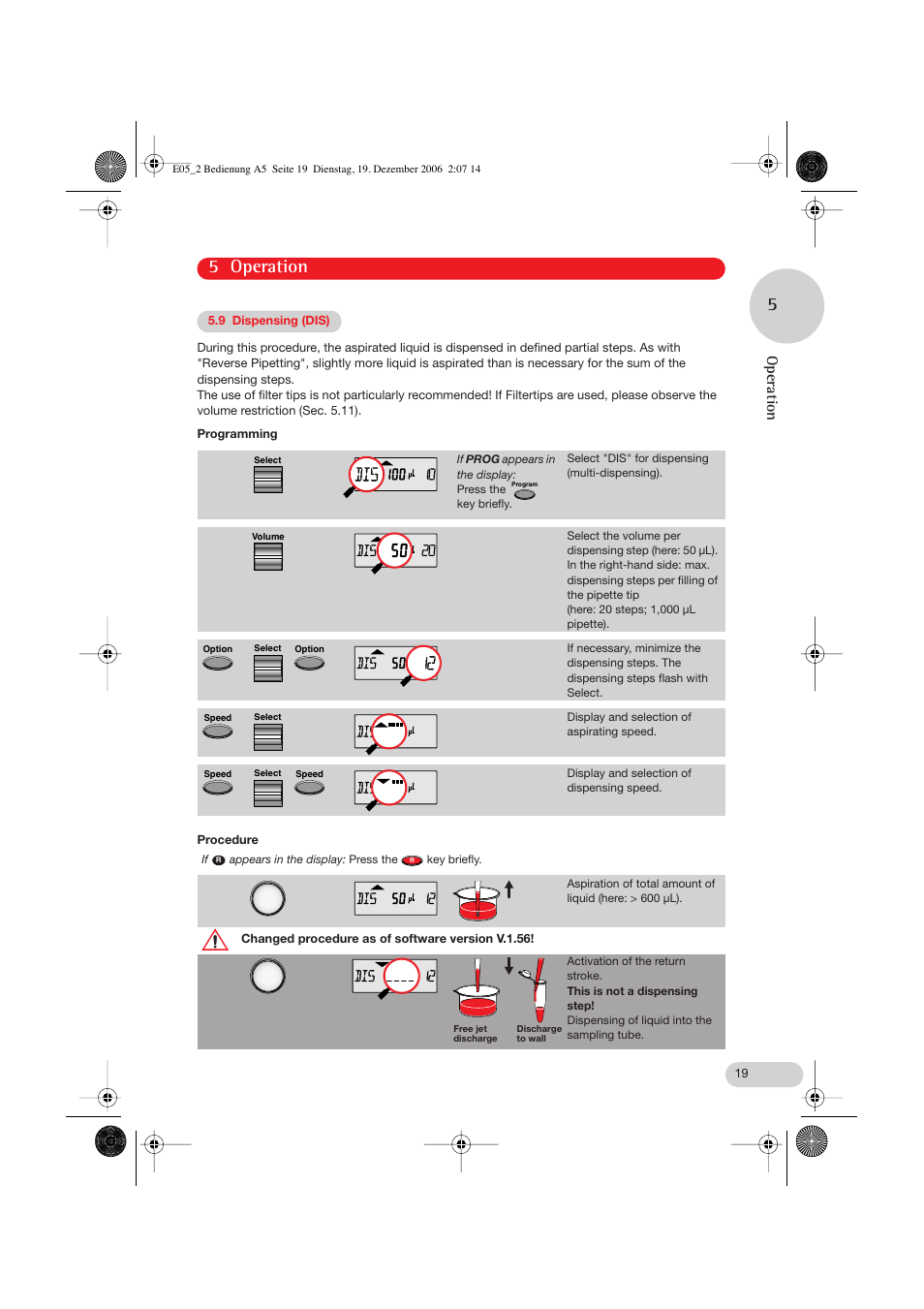 9 dispensing (dis), 5 operation 5, Operation | Eppendorf Research pro User Manual | Page 19 / 60