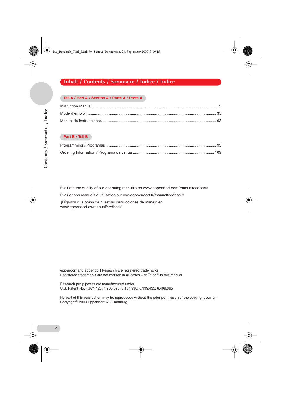 Inhalt / contents / sommaire / indice / indice, Contents / sommaire / indice | Eppendorf Research pro User Manual | Page 2 / 60