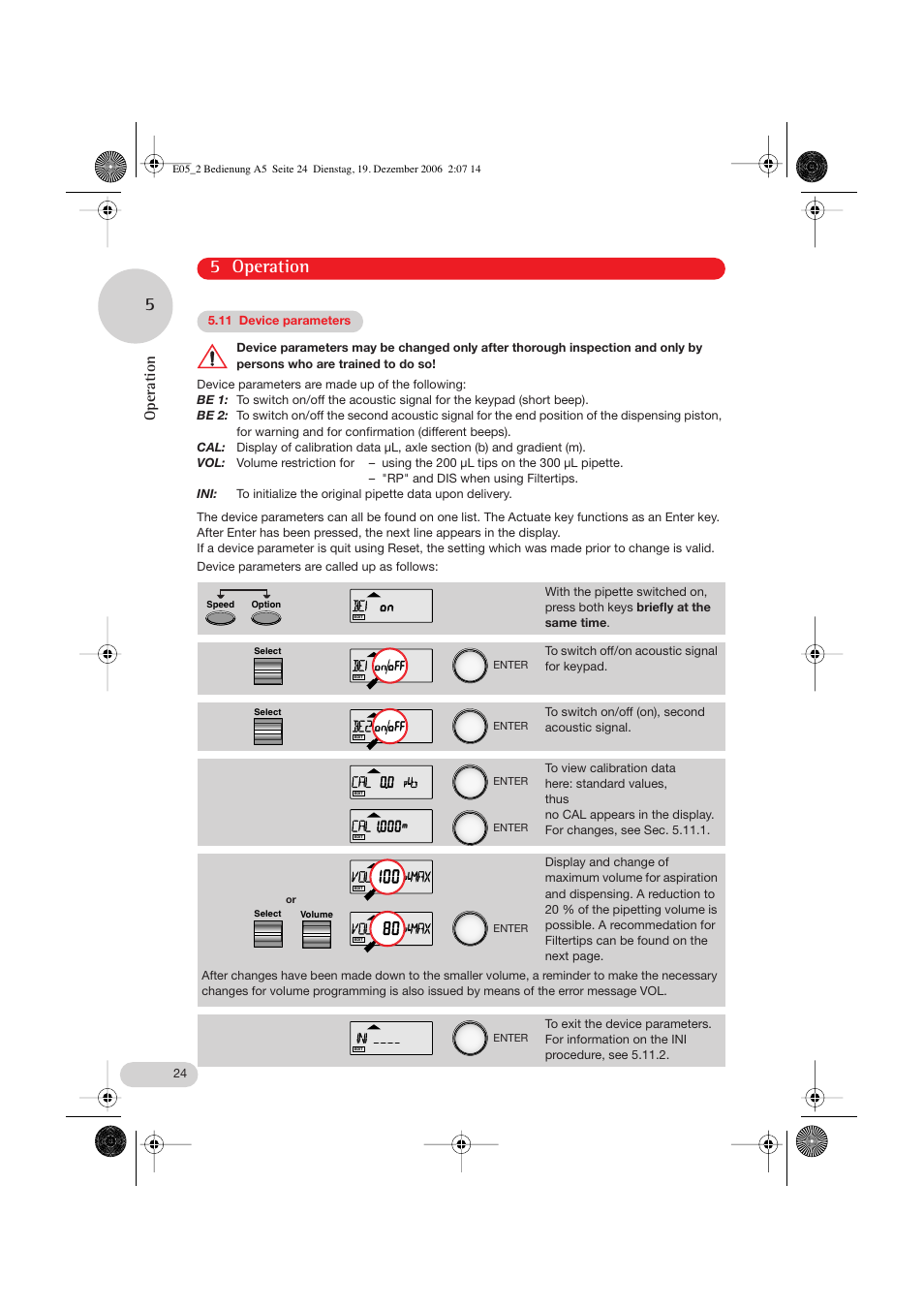 11 device parameters, 5 operation, Operation | Eppendorf Research pro User Manual | Page 24 / 60