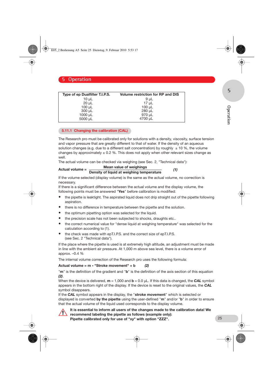 1 changing the calibration (cal), 5 operation 5 | Eppendorf Research pro User Manual | Page 25 / 60