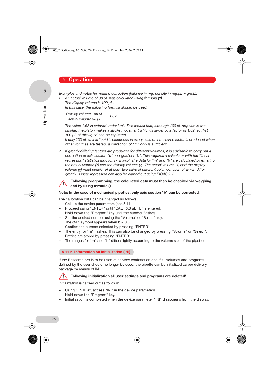 2 information on initialization (ini), 5 operation, Operation | Eppendorf Research pro User Manual | Page 26 / 60