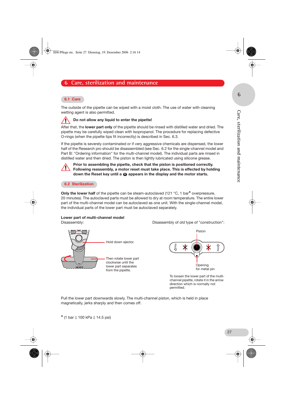 6 care, sterilization and maintenance, 1 care, 2 sterilization | 6 care, sterilization and maintenance 6, Care, sterilization and maintenance | Eppendorf Research pro User Manual | Page 27 / 60