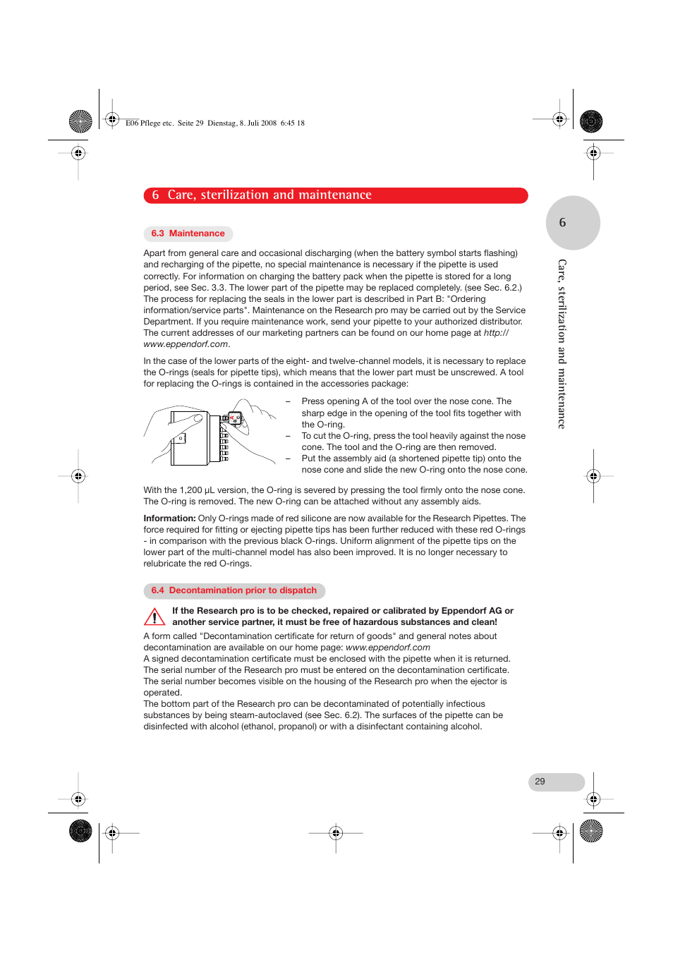 3 maintenance, 4 decontamination prior to dispatch, 6 care, sterilization and maintenance 6 | Care, sterilization and maintenance | Eppendorf Research pro User Manual | Page 29 / 60