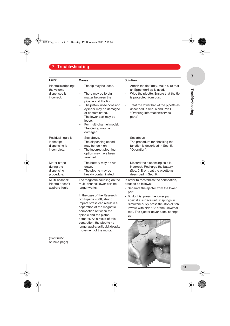 7 troubleshooting 7, Troubleshooting | Eppendorf Research pro User Manual | Page 31 / 60