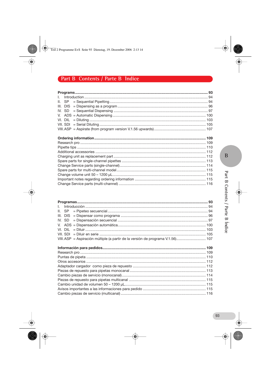 Part b contents/ parte b índice, Part b contents / parte b índice b | Eppendorf Research pro User Manual | Page 33 / 60