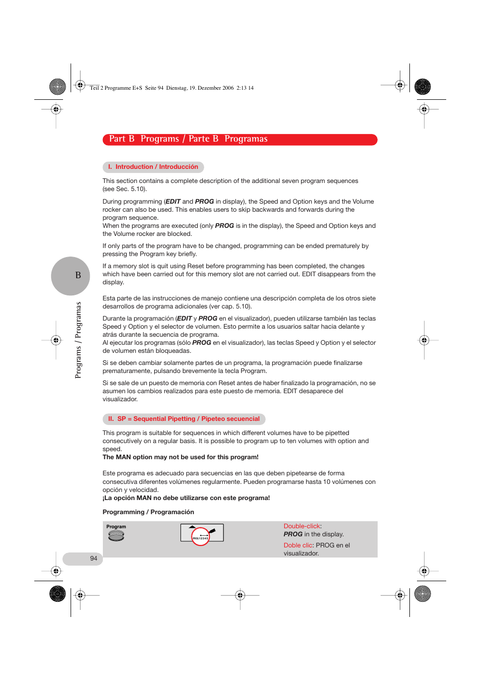 Part b programs/ parte b programas, I. introduction / introducción, Ii. sp = sequential pipetting / pipeteo secuencial | Part b programs / parte b programas b, Programs / programas | Eppendorf Research pro User Manual | Page 34 / 60