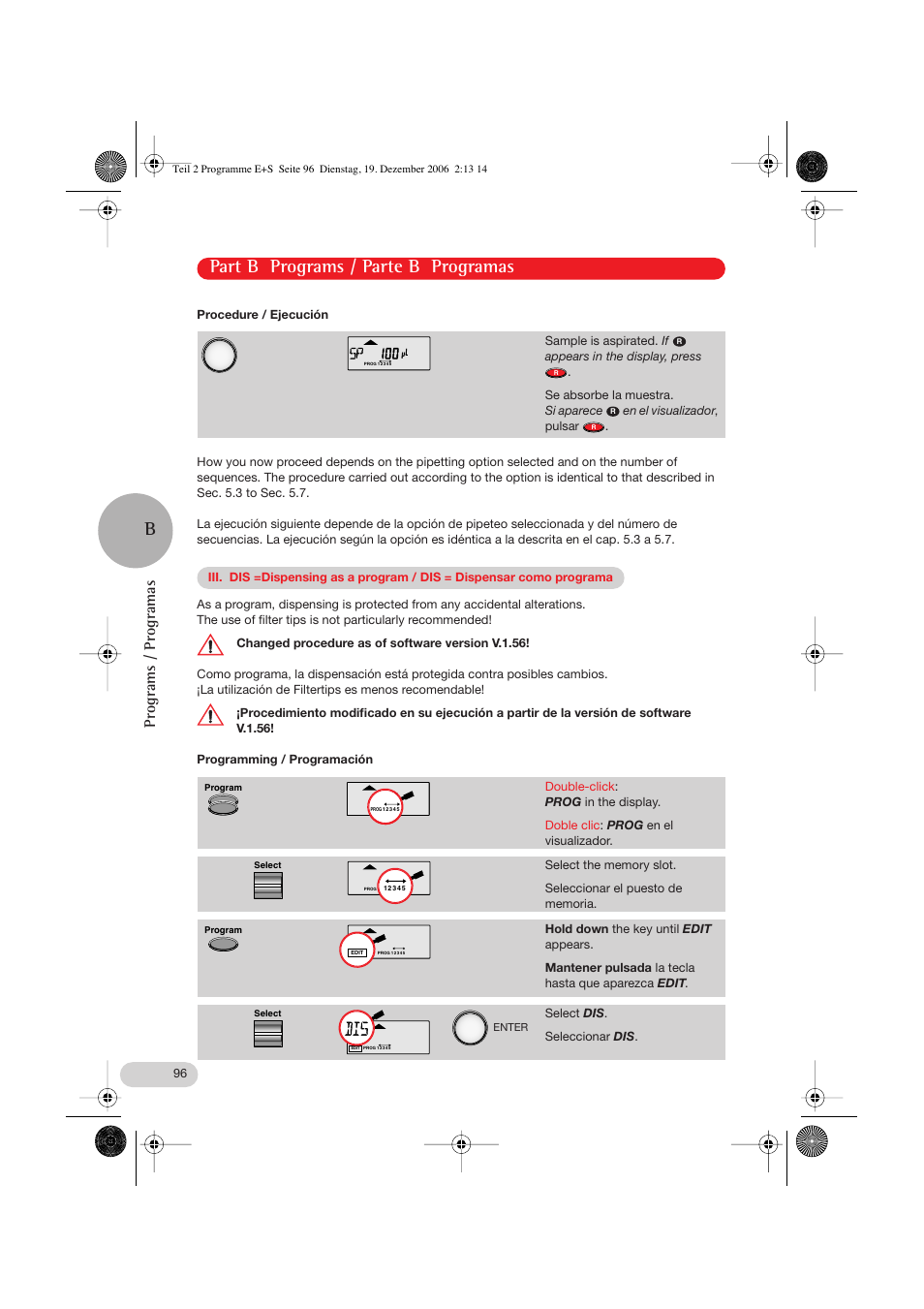 Part b programs / parte b programas, Programs / programas | Eppendorf Research pro User Manual | Page 36 / 60