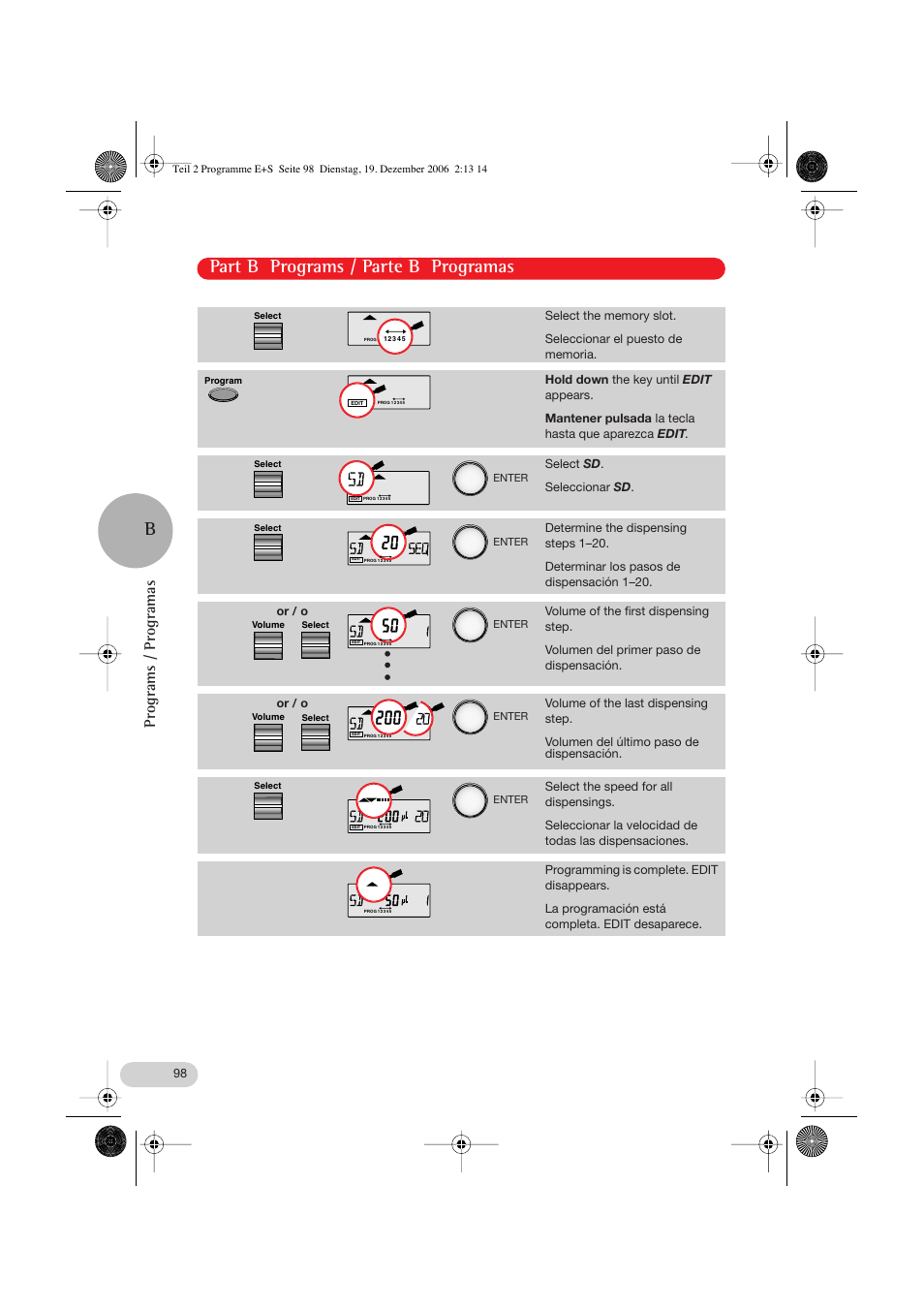 Part b programs / parte b programas, Programs / programas | Eppendorf Research pro User Manual | Page 38 / 60