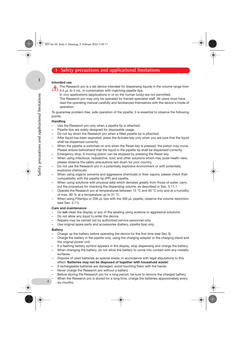 1 safety precautions and applicational limitations, Intended use, Handling | Care and maintenance, Battery, Safety precautions and applicational limitations | Eppendorf Research pro User Manual | Page 4 / 60