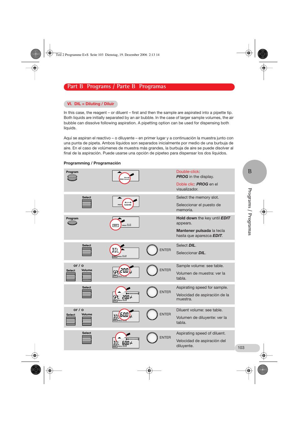 Vi. dil = diluting / diluir, Part b programs / parte b programas b, Programs / programas | Eppendorf Research pro User Manual | Page 43 / 60