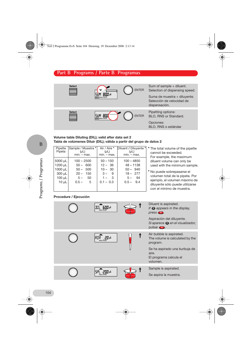 Part b programs / parte b programas, Programs / programas | Eppendorf Research pro User Manual | Page 44 / 60