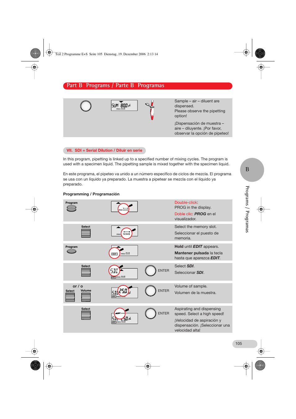 Vii. sdi = serial dilution / diluir en serie, Part b programs / parte b programas b, Programs / programas | Eppendorf Research pro User Manual | Page 45 / 60