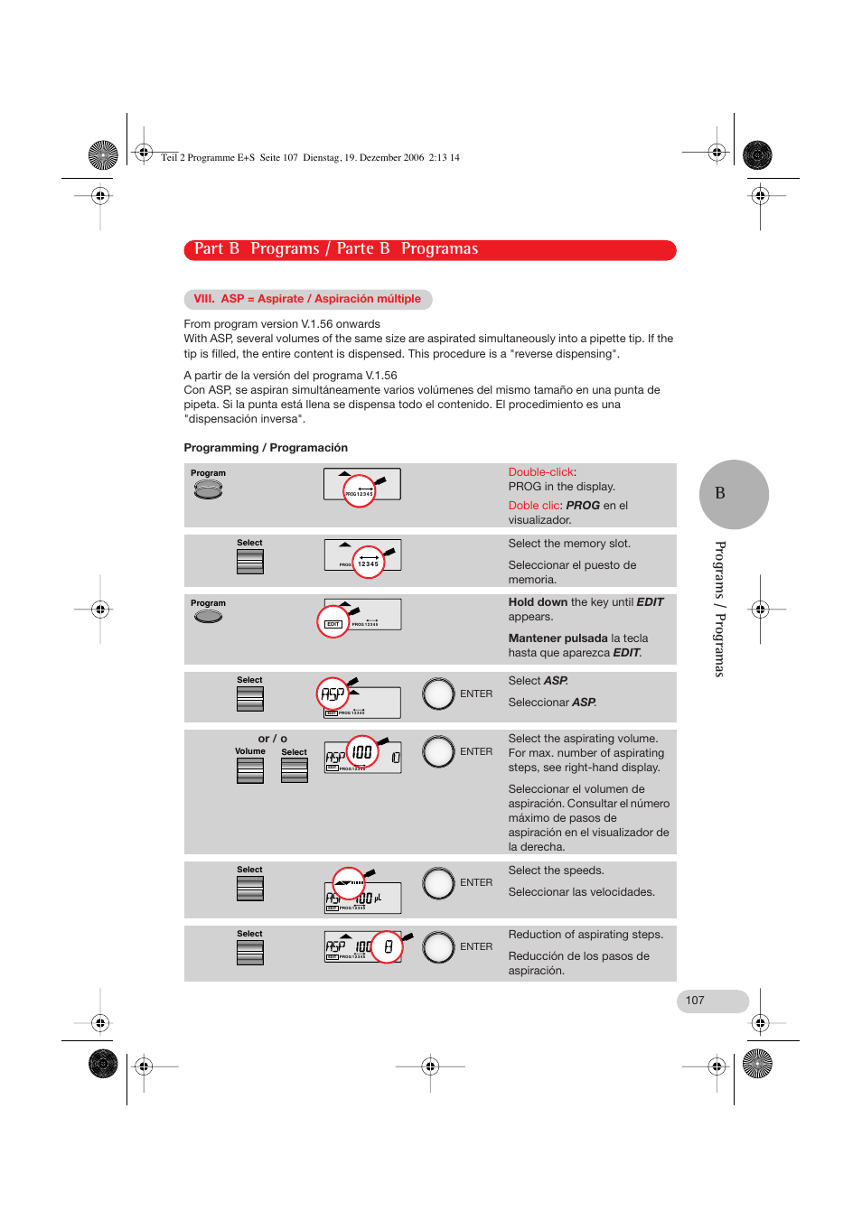 Viii. asp = aspirate / aspiración múltiple, Part b programs / parte b programas b, Programs / programas | Eppendorf Research pro User Manual | Page 47 / 60