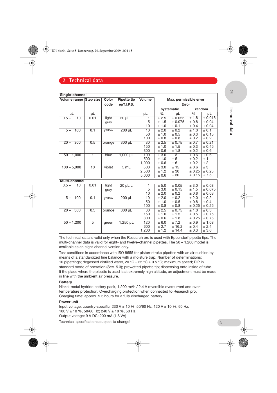 2 technical data, Battery, Power unit | 2 technical data 2, Technical data | Eppendorf Research pro User Manual | Page 5 / 60