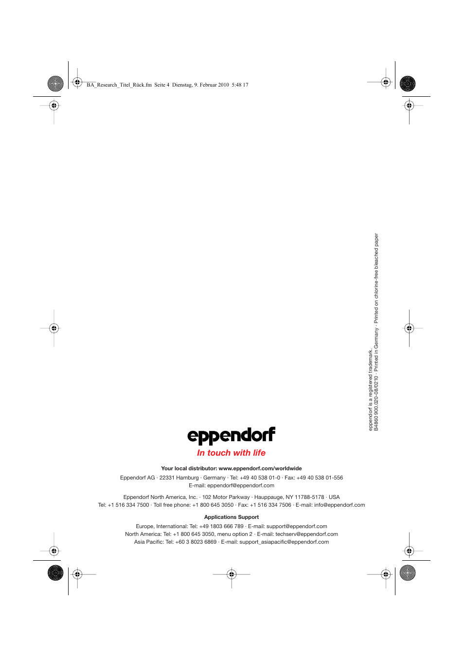 Edp no. 4860 900.020-08/0210 | Eppendorf Research pro User Manual | Page 60 / 60