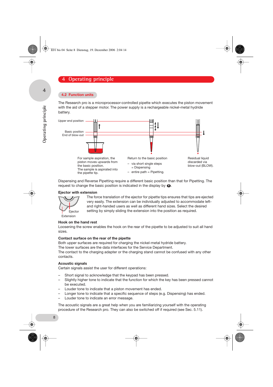 2 function units, Ejector with extension, Hook on the hand rest | Contact surface on the rear of the pipette, Acoustic signals, 4 operating principle, Operating principle | Eppendorf Research pro User Manual | Page 8 / 60