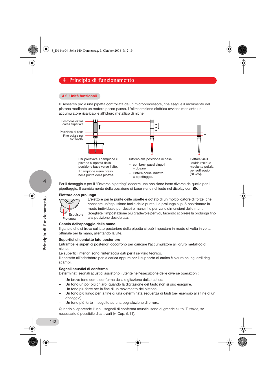 2 unità funzionali, Eiettore con prolunga, Gancio dell‘appoggio della mano | Superfici di contatto lato posteriore, Segnali acustici di conferma, 4 principio di funzionamento, Principio di funzionamento | Eppendorf Research pro User Manual | Page 12 / 64