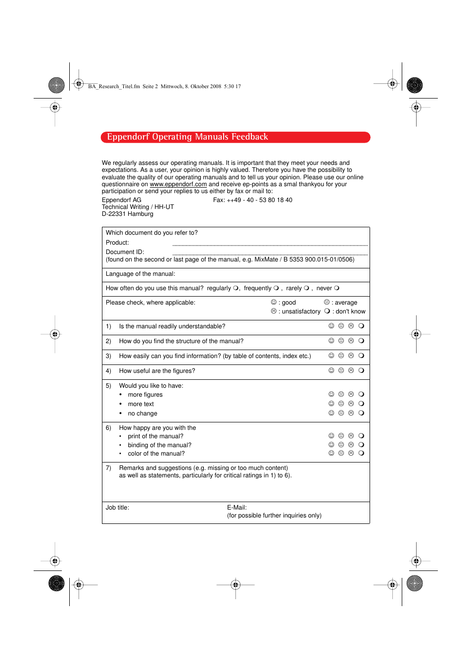 Eppendorf operating manuals feedback | Eppendorf Research pro User Manual | Page 2 / 64