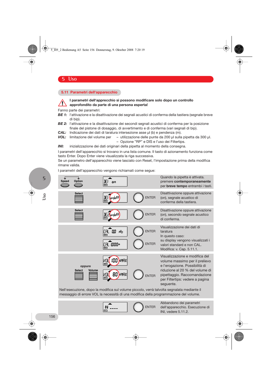 11 parametri dell‘apparecchio, 5 uso | Eppendorf Research pro User Manual | Page 28 / 64