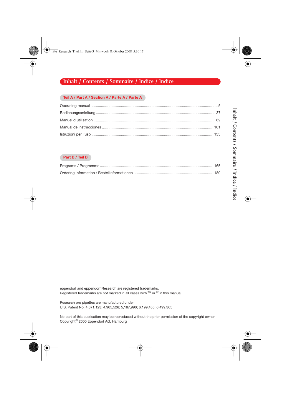 Inhalt / contents / sommaire / indice / indice | Eppendorf Research pro User Manual | Page 3 / 64