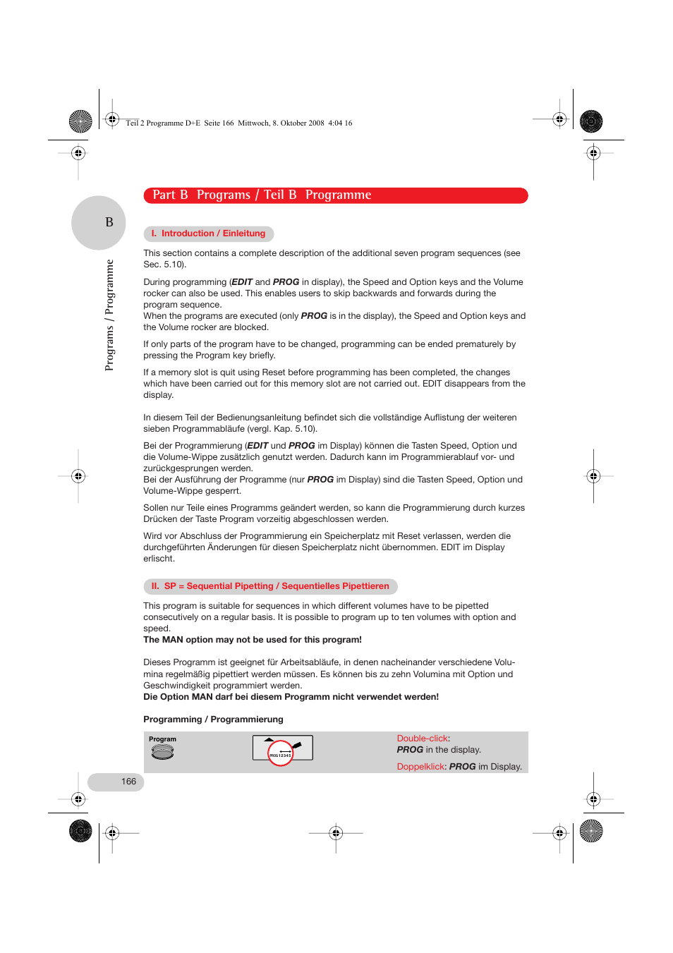 Part b programs, I. introduction, Ii. sp = sequential pipetting | Part b programs / teil b programme b, Programs / programme | Eppendorf Research pro User Manual | Page 38 / 64