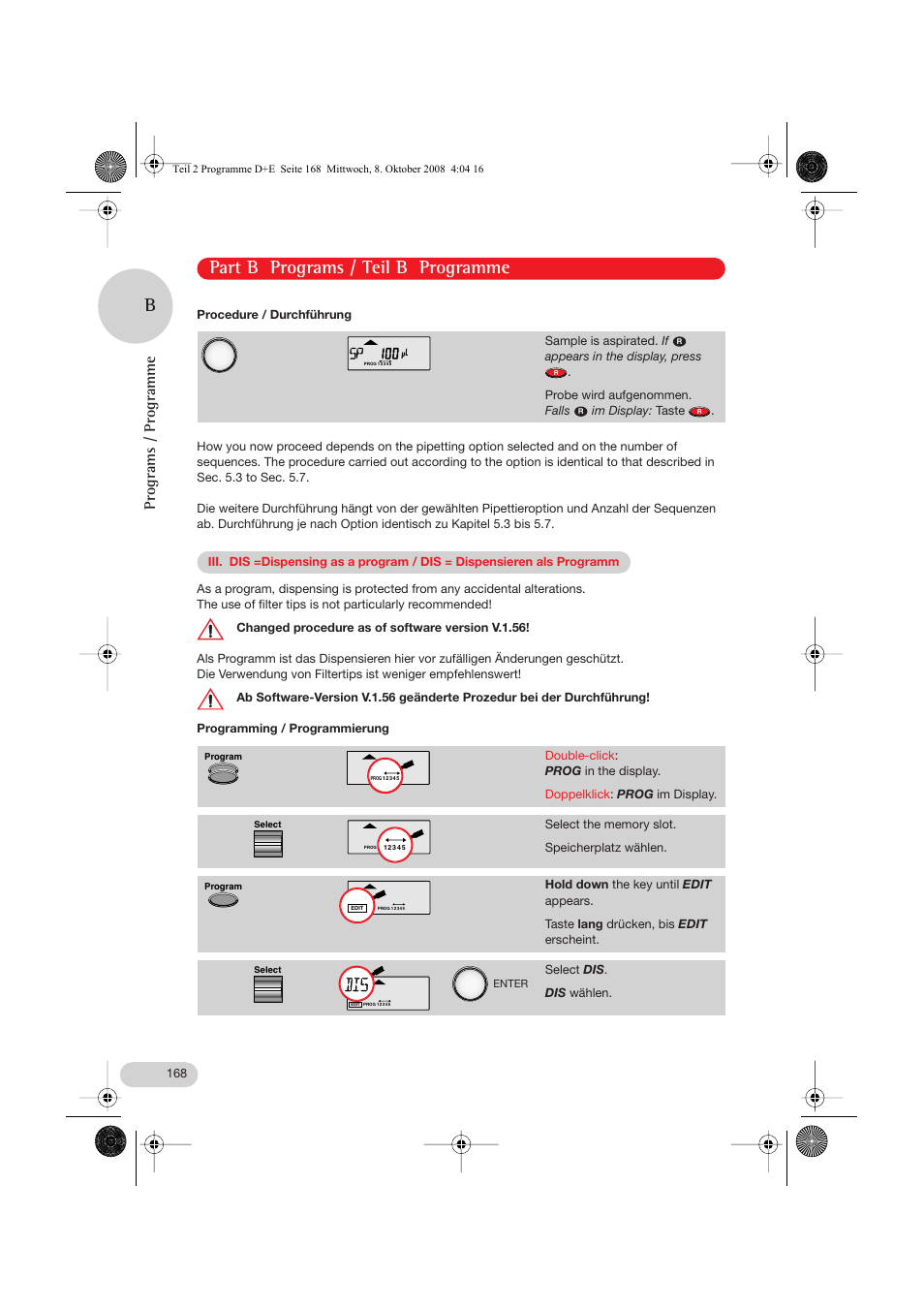 Iii. dis = dispensing as a program, Part b programs / teil b programme, Programs / programme | Eppendorf Research pro User Manual | Page 40 / 64