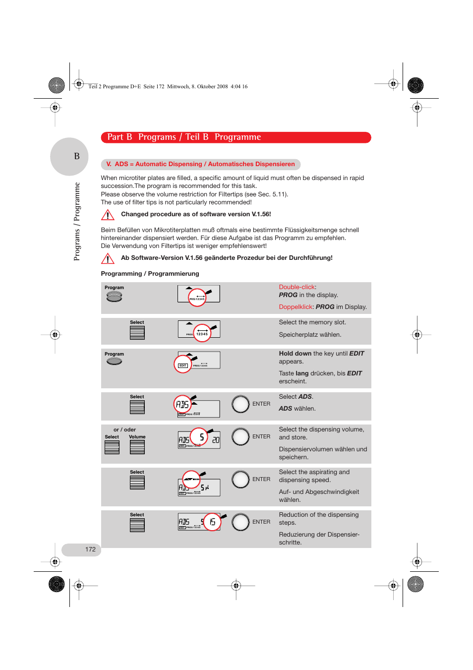 V. ads = automatic dispensing, Part b programs / teil b programme, Programs / programme | Eppendorf Research pro User Manual | Page 44 / 64