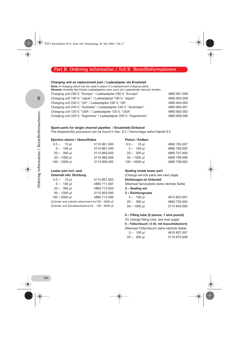 Charging unit as replacement part, Ordering information / bestellinformationen | Eppendorf Research pro User Manual | Page 56 / 64