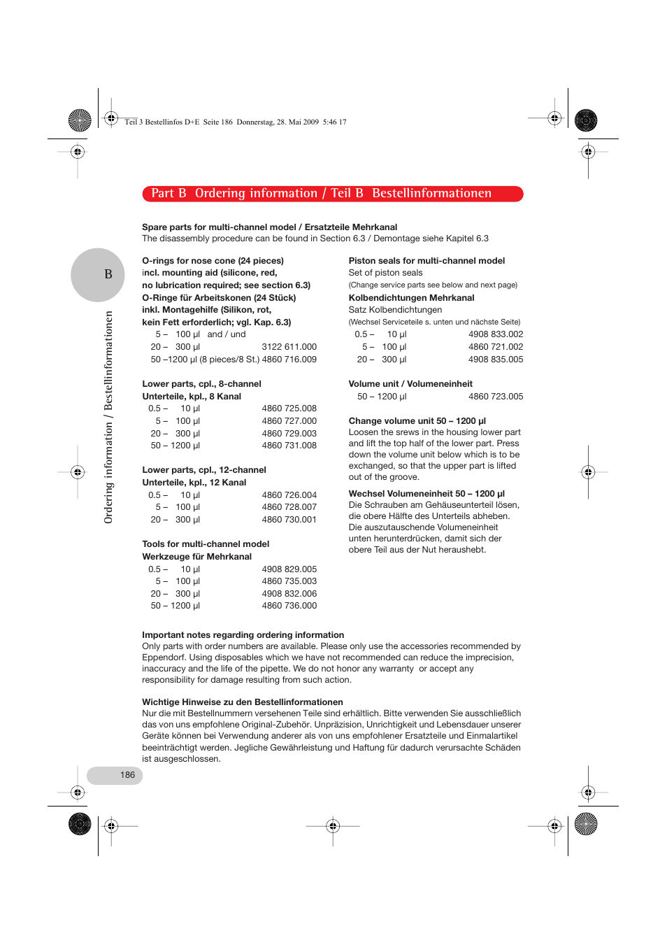 Spare parts for multi-channel model, Change volume unit 50 – 1200 μl, Important notes regarding ordering information | Ordering information / bestellinformationen | Eppendorf Research pro User Manual | Page 58 / 64