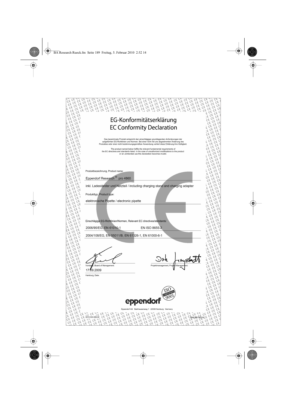 Ec conformity declaration | Eppendorf Research pro User Manual | Page 61 / 64