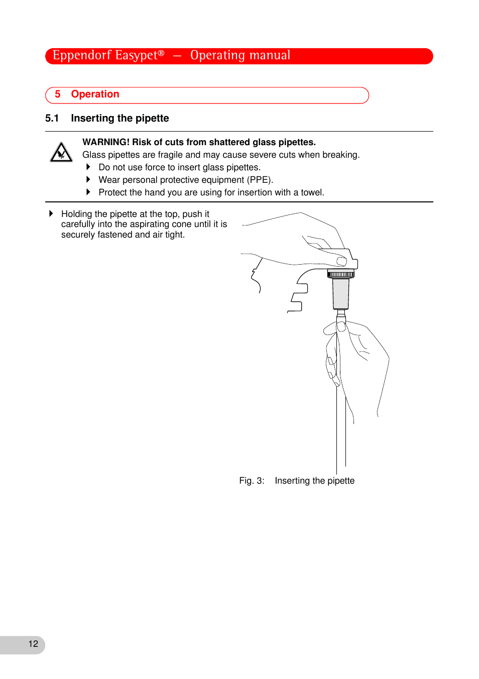 5 operation, 1 inserting the pipette, Operation 5.1 inserting the pipette | Eppendorf easypet® — operating manual | Eppendorf Easypet User Manual | Page 11 / 23