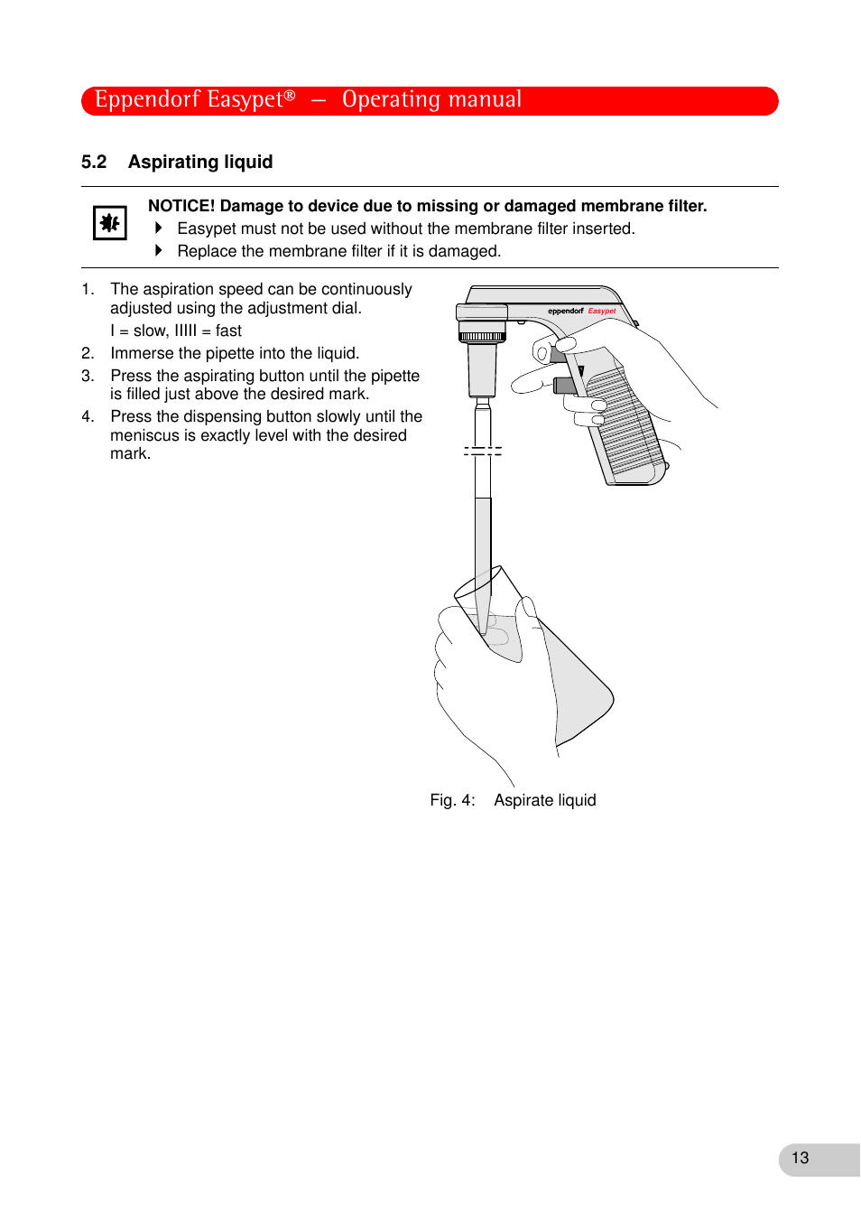 2 aspirating liquid, Eppendorf easypet® — operating manual | Eppendorf Easypet User Manual | Page 12 / 23
