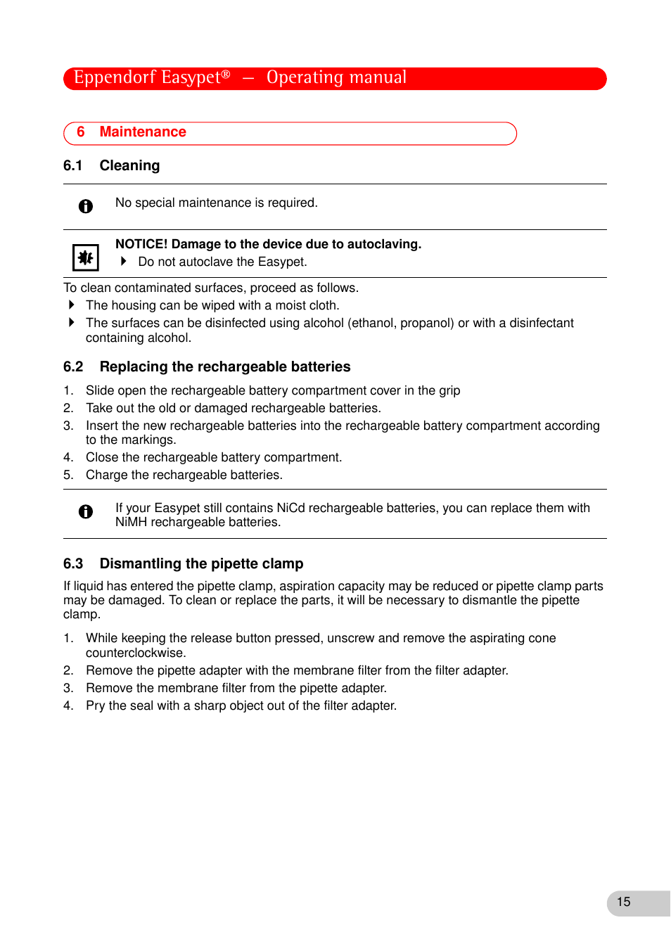 6 maintenance, 1 cleaning, 2 replacing the rechargeable batteries | 3 dismantling the pipette clamp, Eppendorf easypet® — operating manual | Eppendorf Easypet User Manual | Page 14 / 23