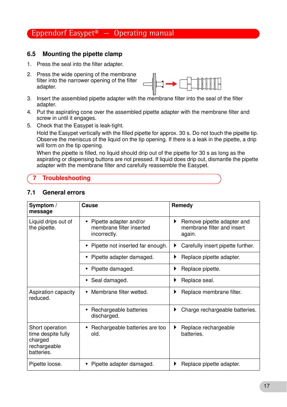 5 mounting the pipette clamp, 7 troubleshooting, 1 general errors | Troubleshooting 7.1 general errors, Eppendorf easypet® — operating manual | Eppendorf Easypet User Manual | Page 16 / 23