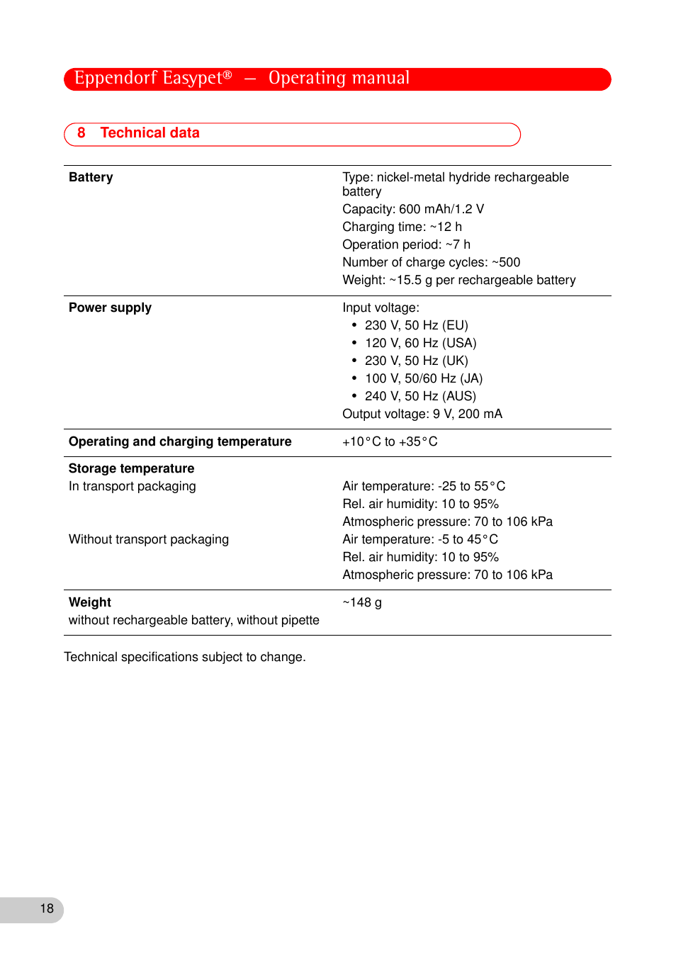 8 technical data, Technical data, Eppendorf easypet® — operating manual | Eppendorf Easypet User Manual | Page 17 / 23