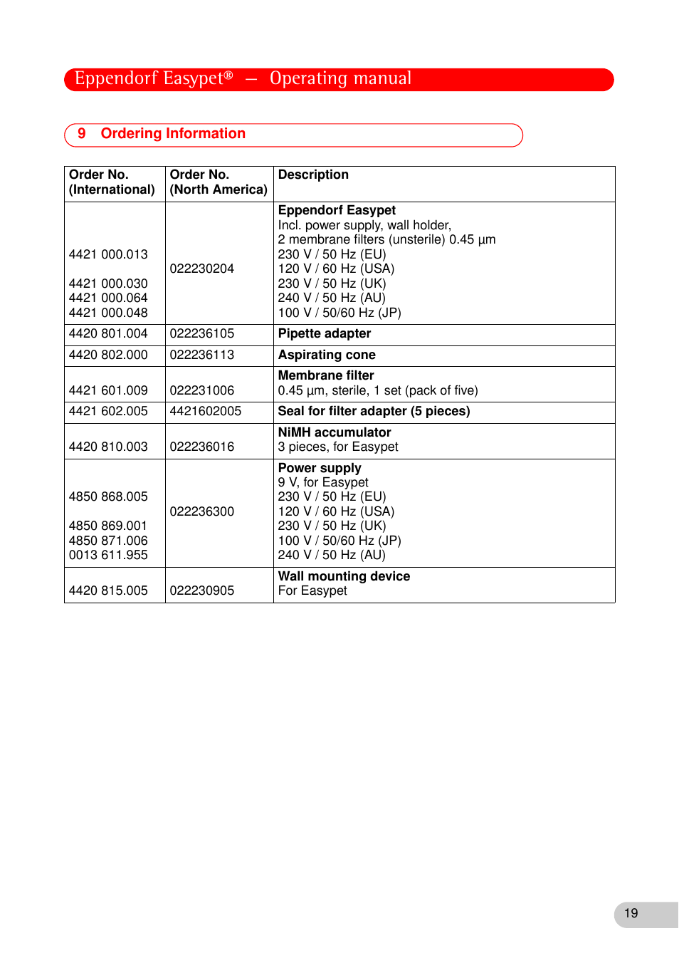 9 ordering information, Ordering information, Eppendorf easypet® — operating manual | Eppendorf Easypet User Manual | Page 18 / 23