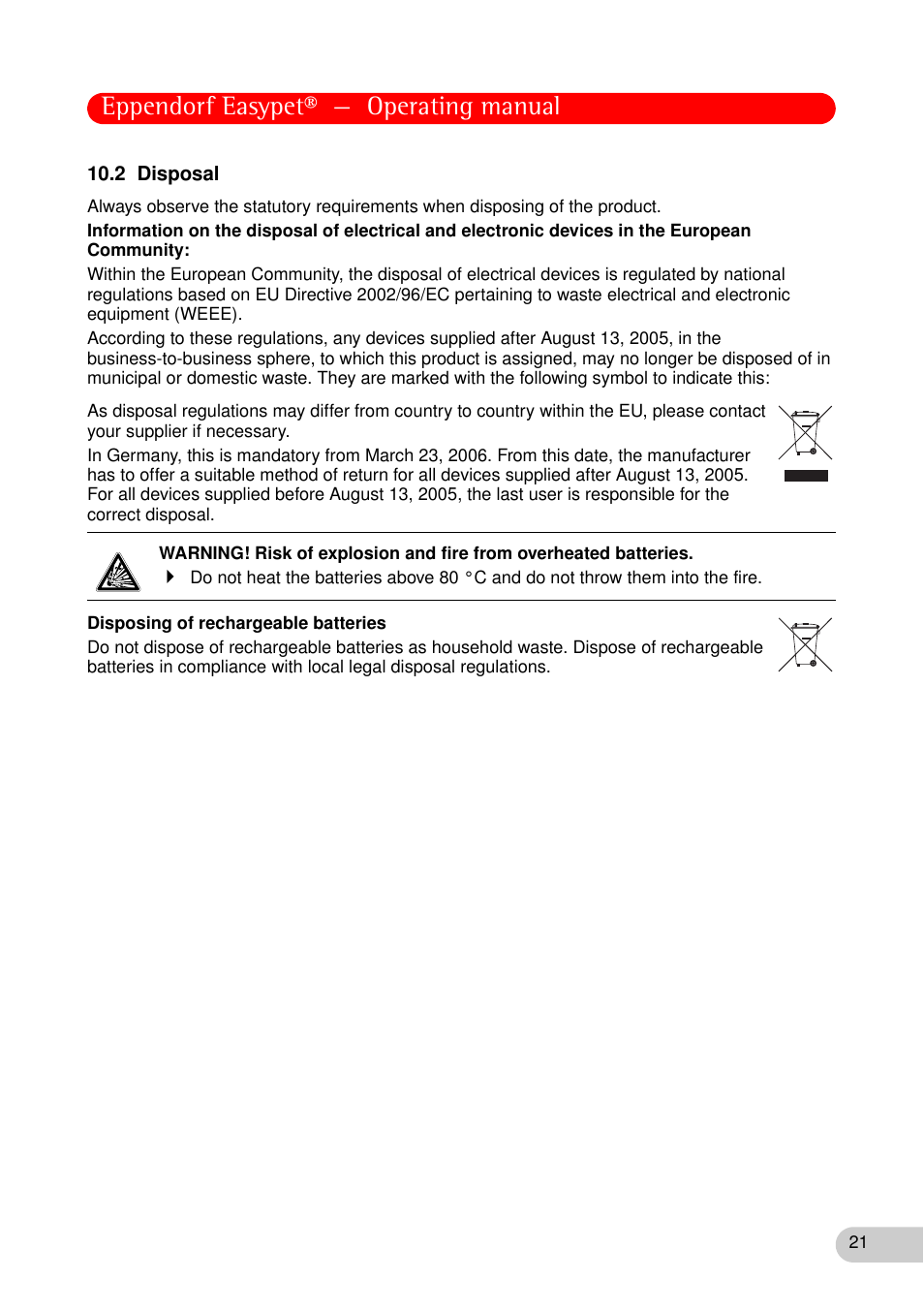 2 disposal, Eppendorf easypet® — operating manual | Eppendorf Easypet User Manual | Page 20 / 23