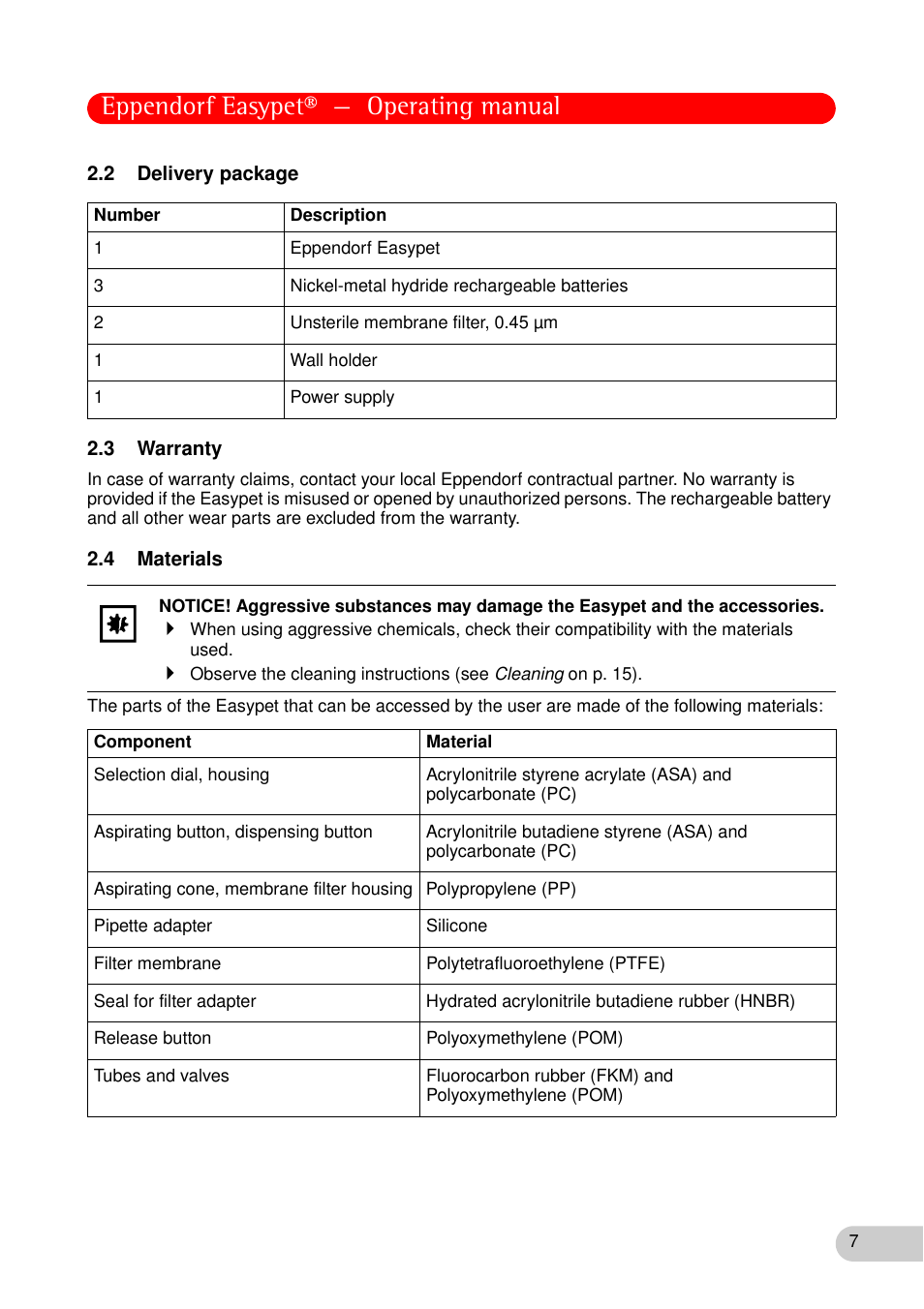 2 delivery package, 3 warranty, 4 materials | 2 delivery package 2.3 warranty 2.4 materials, Eppendorf easypet® — operating manual | Eppendorf Easypet User Manual | Page 6 / 23