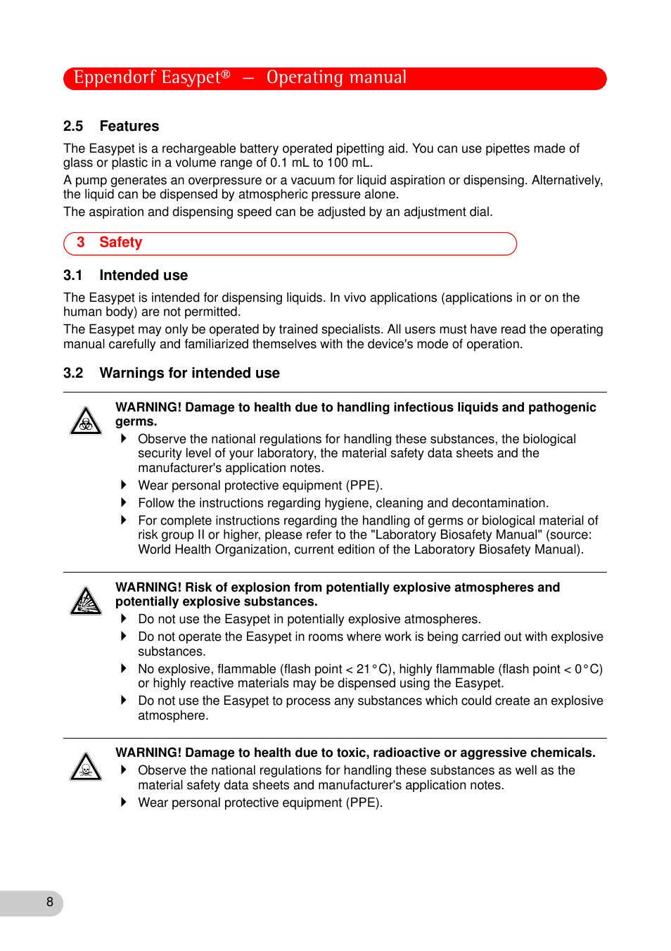 5 features, 3 safety, 1 intended use | 2 warnings for intended use, Eppendorf easypet® — operating manual | Eppendorf Easypet User Manual | Page 7 / 23