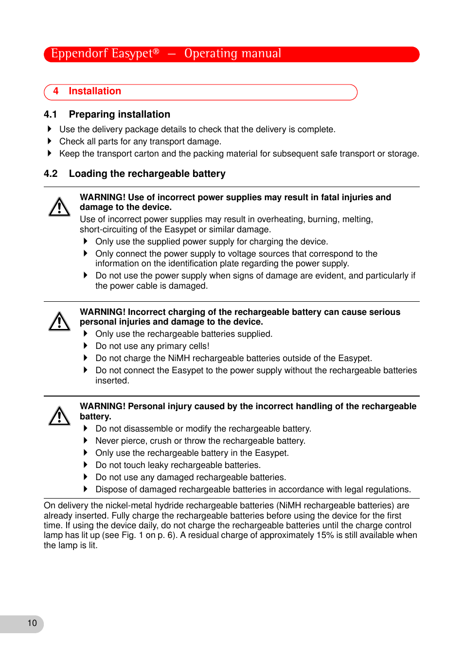 4 installation, 1 preparing installation, 2 loading the rechargeable battery | Eppendorf easypet® — operating manual | Eppendorf Easypet User Manual | Page 9 / 23