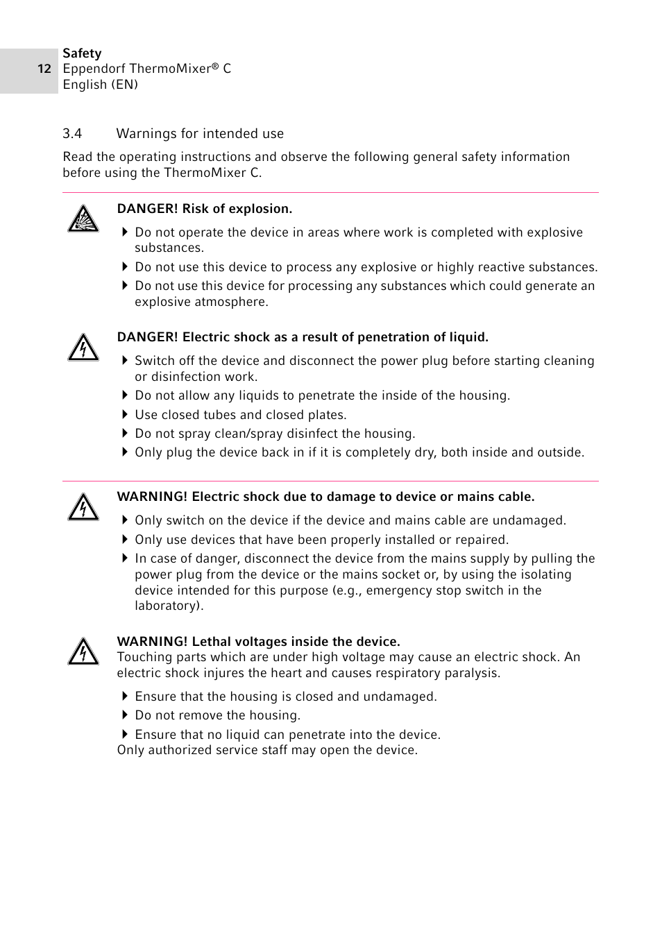 4 warnings for intended use, Warnings for intended use | Eppendorf ThermoMixer C User Manual | Page 12 / 54