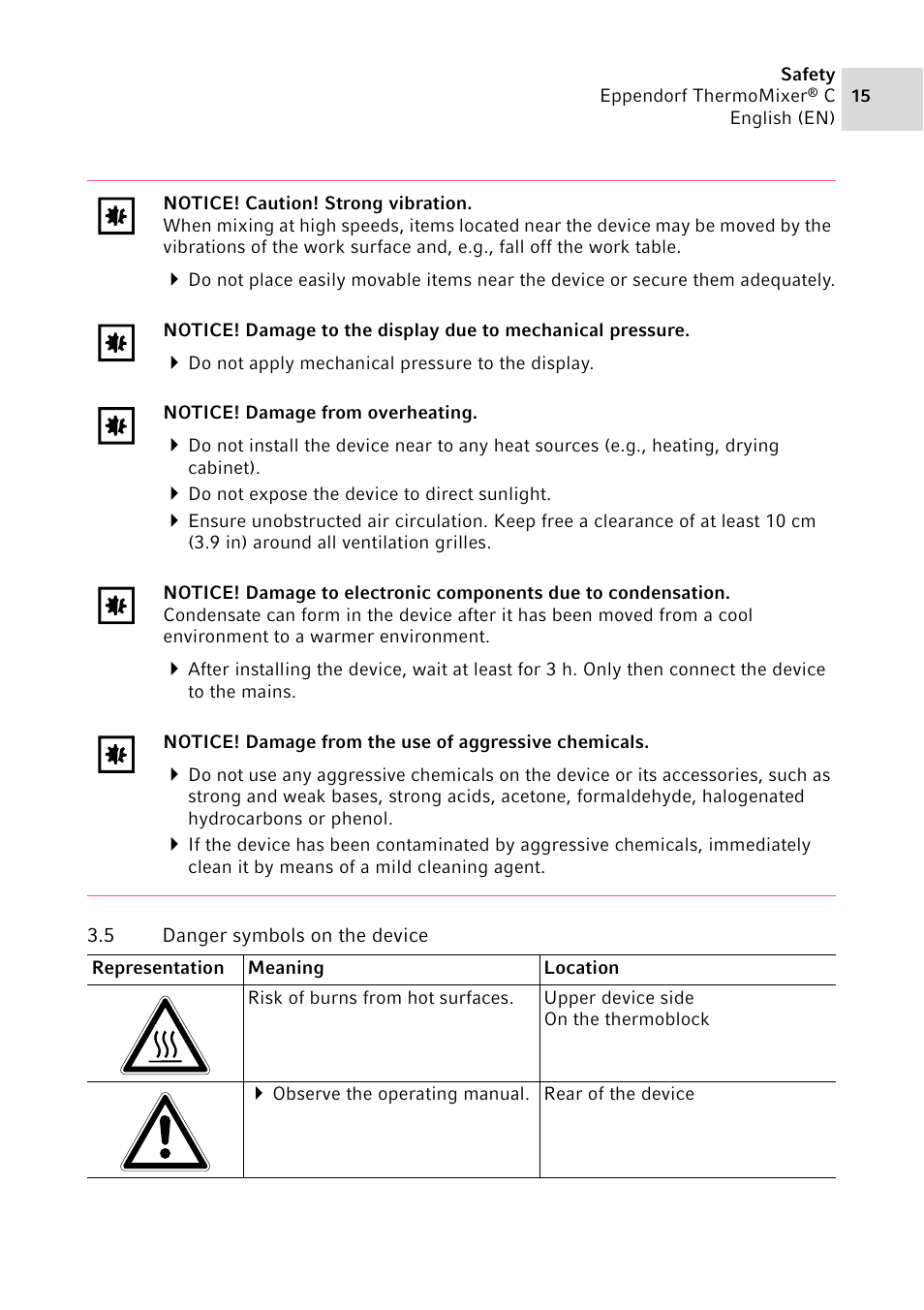 5 danger symbols on the device, Danger symbols on the device | Eppendorf ThermoMixer C User Manual | Page 15 / 54