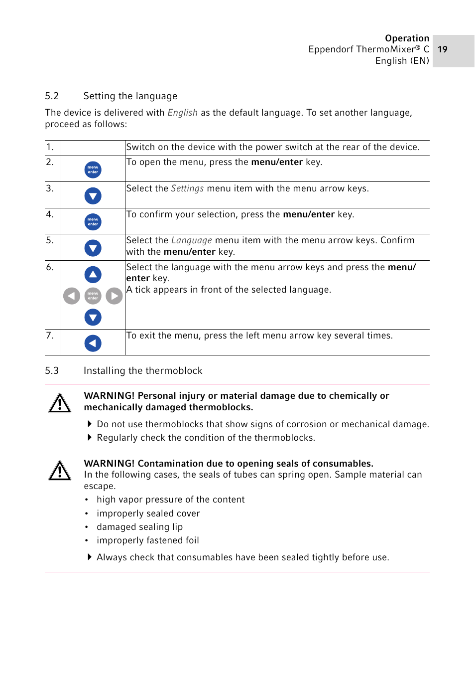 2 setting the language, 3 installing the thermoblock, Setting the language | Installing the thermoblock | Eppendorf ThermoMixer C User Manual | Page 19 / 54
