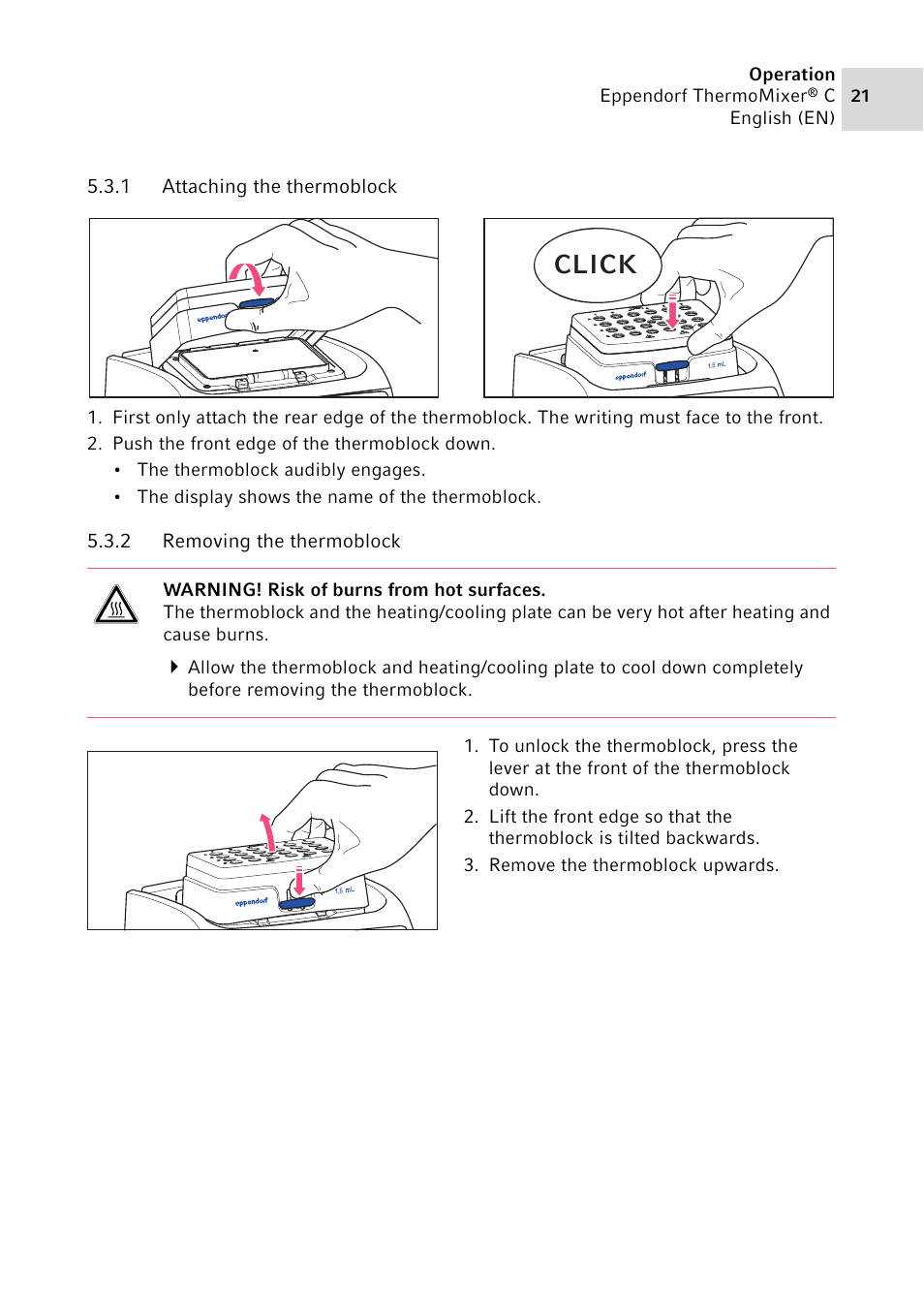 1 attaching the thermoblock, 2 removing the thermoblock, Attaching the thermoblock | Removing the thermoblock, Click | Eppendorf ThermoMixer C User Manual | Page 21 / 54