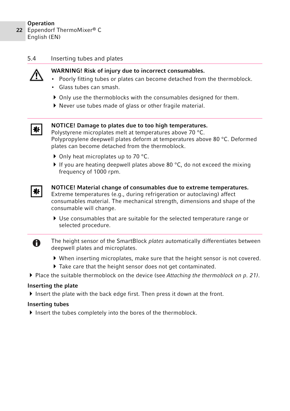 4 inserting tubes and plates, Inserting tubes and plates | Eppendorf ThermoMixer C User Manual | Page 22 / 54