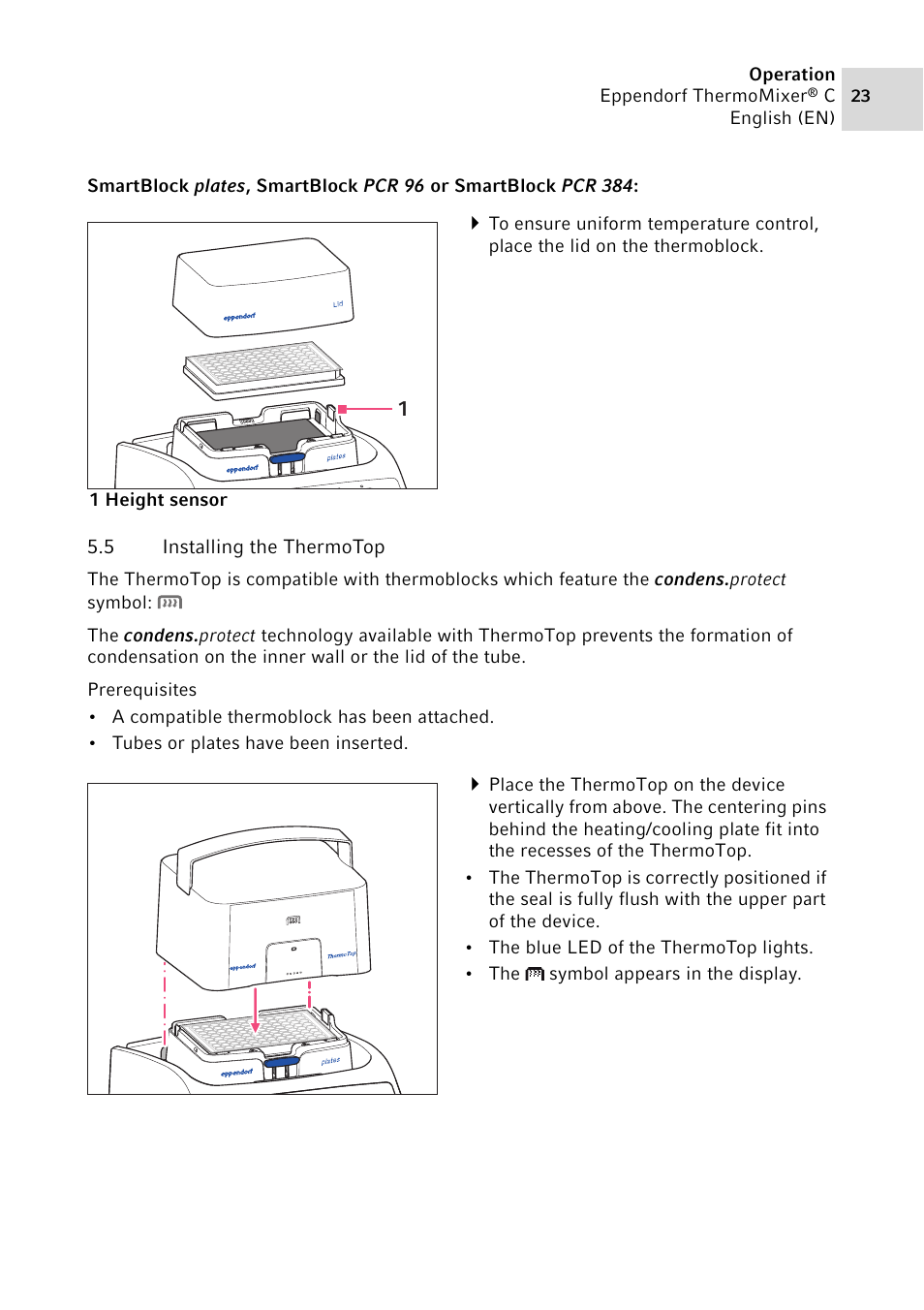 5 installing the thermotop, Installing the thermotop | Eppendorf ThermoMixer C User Manual | Page 23 / 54