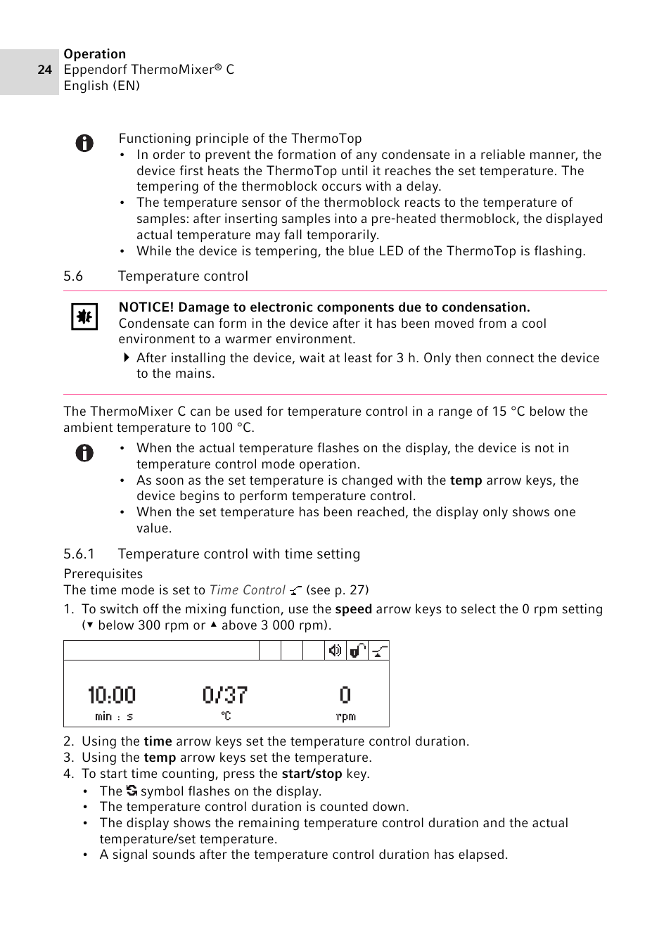 6 temperature control, 1 temperature control with time setting, Temperature control 5.6.1 | Temperature control with time setting | Eppendorf ThermoMixer C User Manual | Page 24 / 54