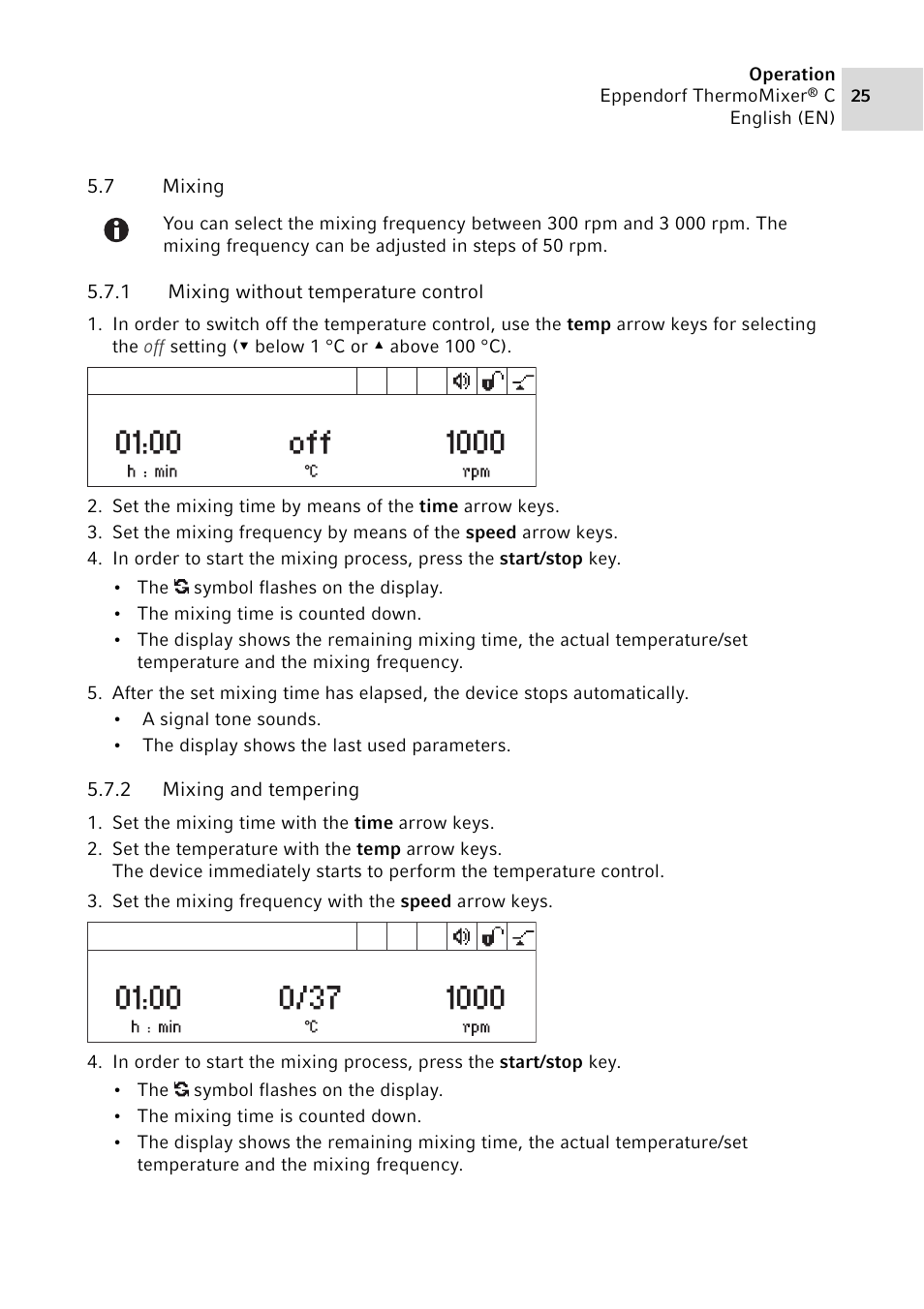7 mixing, 1 mixing without temperature control, 2 mixing and tempering | Mixing 5.7.1, Mixing without temperature control, Mixing and tempering | Eppendorf ThermoMixer C User Manual | Page 25 / 54