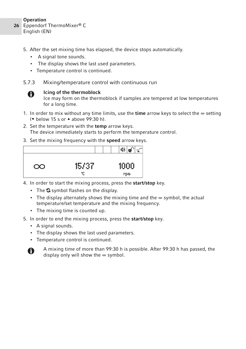 3 mixing/temperature control with continuous run, Mixing/temperature control with continuous run | Eppendorf ThermoMixer C User Manual | Page 26 / 54