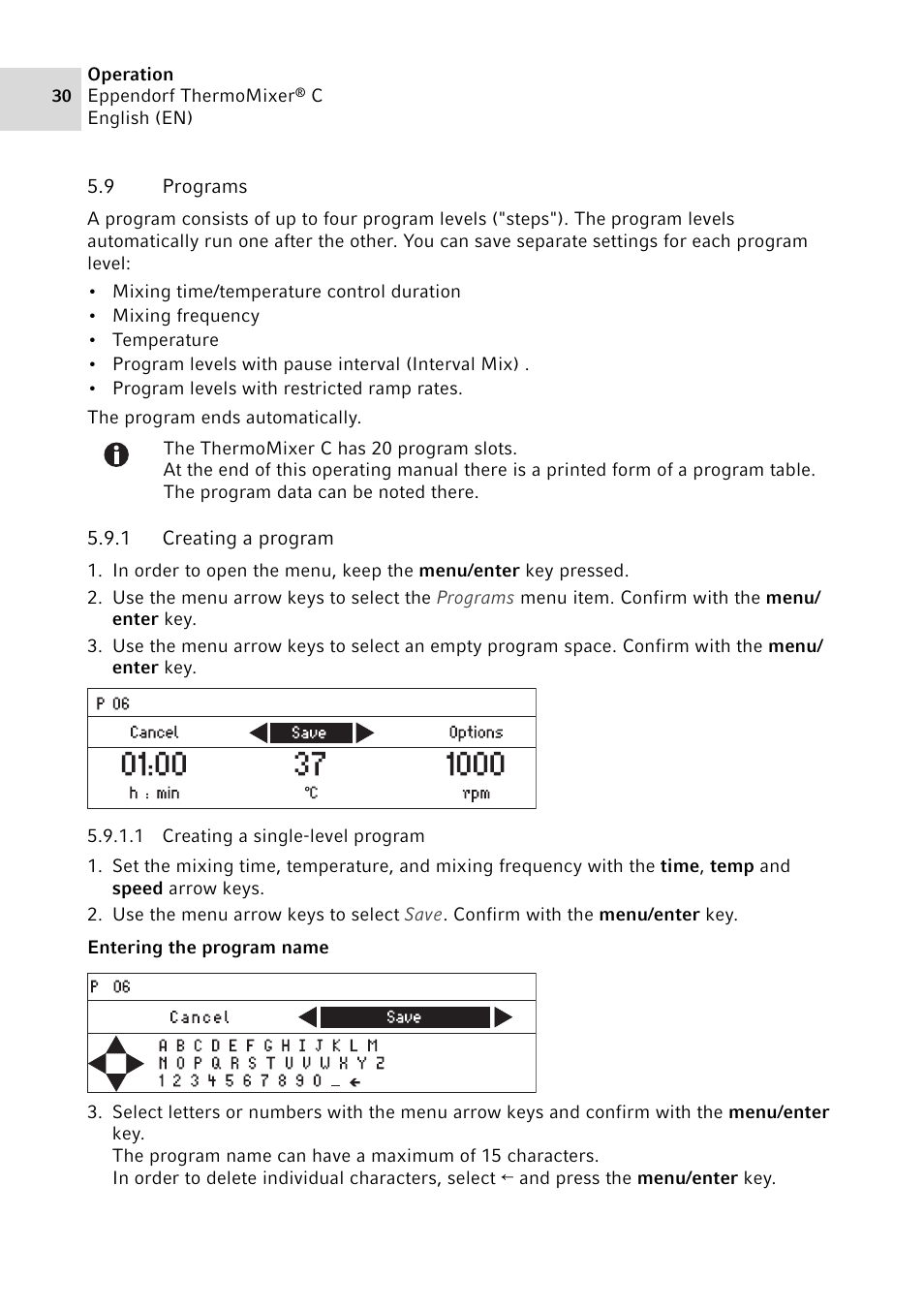 9 programs, 1 creating a program, Programs 5.9.1 | Creating a program | Eppendorf ThermoMixer C User Manual | Page 30 / 54